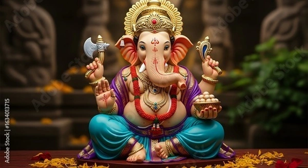 Fototapeta A beautifully decorated statue of lord ganesha seated with offerings and an axe in his hands indoors