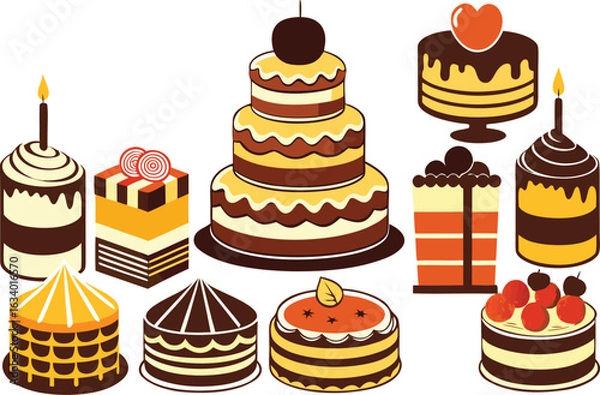 Fototapeta A collection of tempting photographs showcasing of delicious cakes and pastries on plates, highlighting their rich textures and decorative details