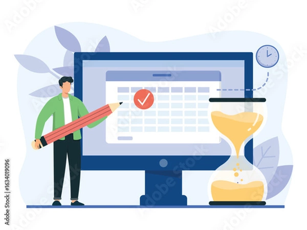 Obraz Schedule planning illustration concept. A man planning work tasks, filling check list, making schedule using calendar. Business and organization concept. Vector illustration.