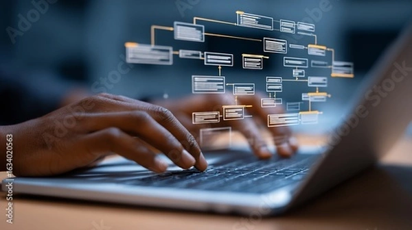 Fototapeta A person working on a laptop with a visual diagram of a process above it