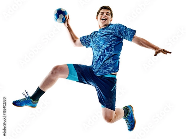 Obraz jeden chłopiec nastolatek kaukaski piłkarz ręczny w studio na białym tle