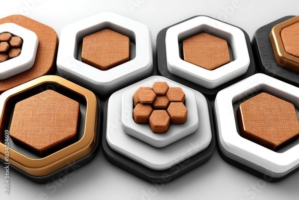 Obraz Abstract geometric pattern of layered hexagons in white, brown, and black