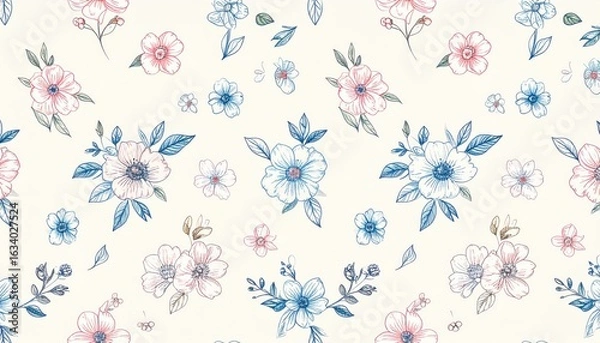 Obraz Delicate HandDrawn Floral Pattern with Pink and Blue Sketchy Washes.