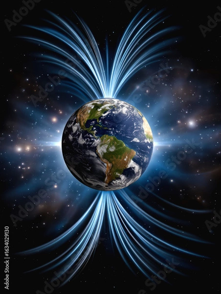 Fototapeta Earth with glowing magnetic field lines on black background – scientific visualization of geomagnetic force