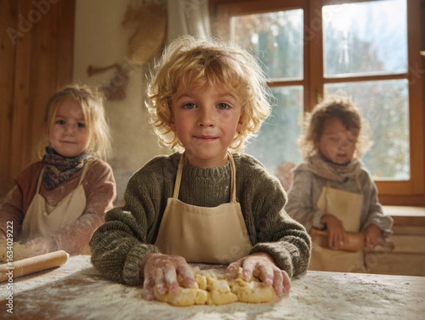 Fototapeta Children baking dough in cozy kitchen with natural light, enjoying creative and warm activity together happily