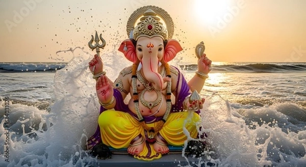 Obraz Ganesha statue in the ocean with waves crashing and a bright sunset in the background at the beach