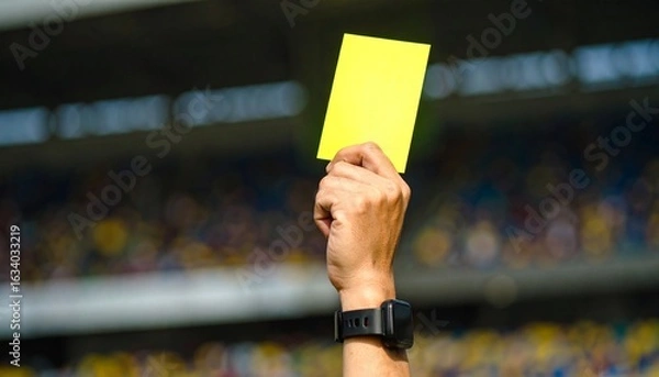 Obraz Referee holding up yellow card during soccer match in stadium warning player