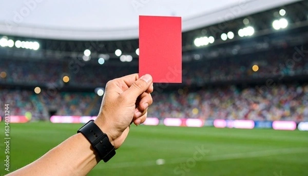 Obraz Referee showing red card during soccer match at stadium, player expulsion decision
