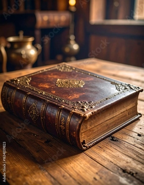Obraz Ornate, antique book rests on aged wooden table in dimly lit study