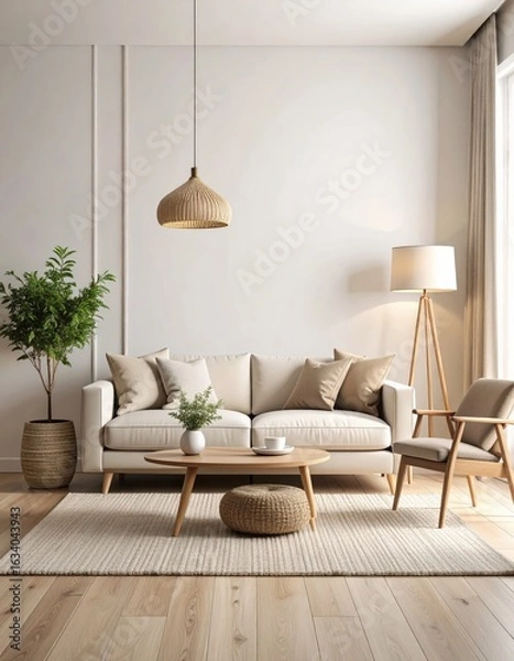 Obraz Elegant Japandi living room with natural textures and a serene neutral palette.