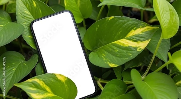 Fototapeta Smartphone with a blank white screen surrounded by vibrant green pothos leaves