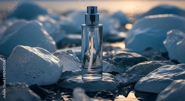 Fototapeta Clear perfume bottle on ice chunks with a blurred background at sunset