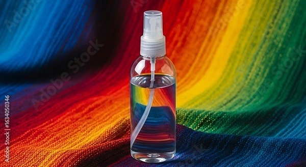 Fototapeta Clear spray bottle filled with liquid on a vibrant colorful fabric backdrop