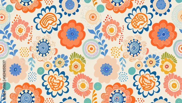 Fototapeta Floral pattern featuring a variety of stylized flowers and leaves in vibrant colors scattered randomly around