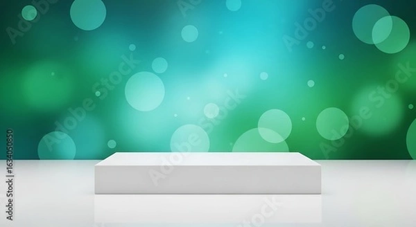 Fototapeta White podium on a white surface with a green and blue bokeh background
