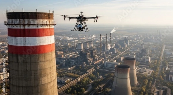 Fototapeta Advanced drone inspecting a large industrial power plant with multiple chimneys and cooling towers