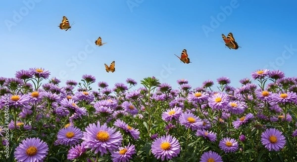 Fototapeta Flower field with colorful butterflies