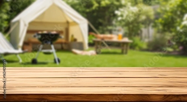 Fototapeta Empty wooden table in sunny summer garden
