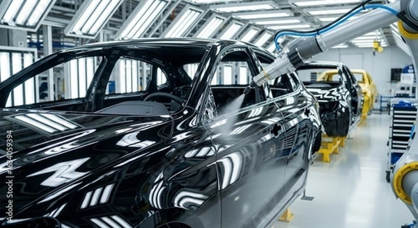 Fototapeta Automated Car Painting: Robotic Arm Applying Finish on Vehicle Body in Factory Setting