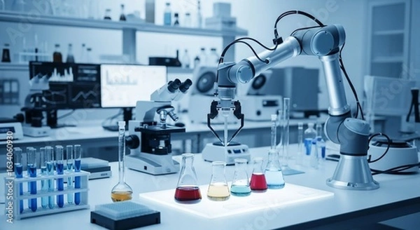 Fototapeta Automated Laboratory: Robotic Arm, Flasks, and Microscope in Research Setting
