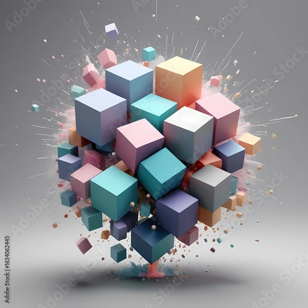 Fototapeta Pastel Geometric Cubes Exploding in Soft Dispersion on Grey Background 