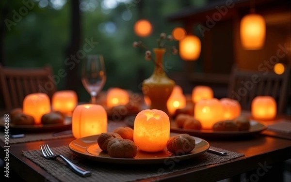Fototapeta Obon dinner with glowing lanterns by peaceful garden. High quality