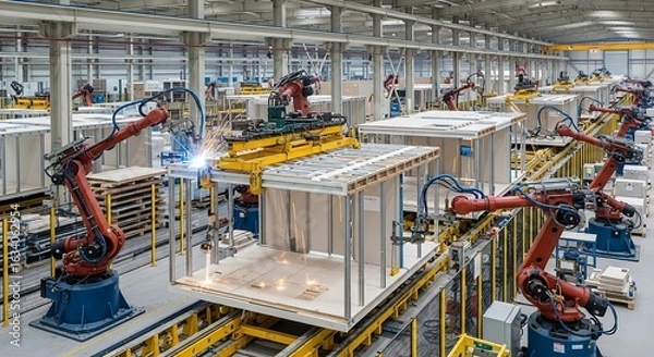 Fototapeta Automated Robotic Welding in a Modern Factory Setting, Modular Construction.