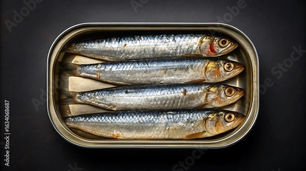 Fototapeta Four Sardines in a Tin Can on a Dark Background fish seafood