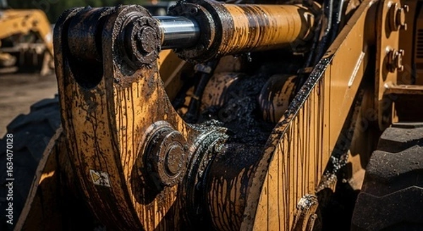 Fototapeta Close-up of Heavy Machinery Hydraulic System with Grease and Dirt