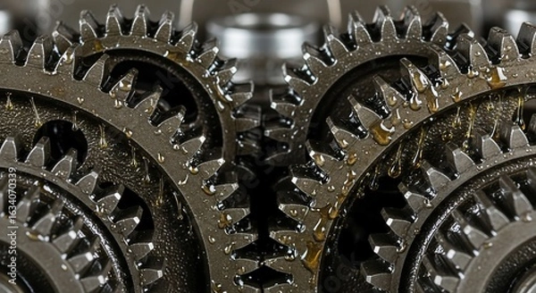 Fototapeta Close-up of Interlocking Gears with Oil Drops, Mechanical Engineering Detail