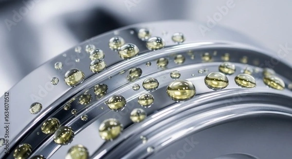 Fototapeta Close-up of Metallic Surface with Golden Liquid Droplets, Abstract Design