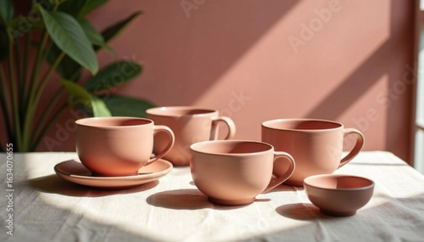 Fototapeta Guava pink ceramic mugs and bowls arranged on neutral linen tablecloth in soft sunlight, minimal kitchen interior with natural shadows and cozy atmosphere