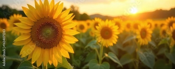Fototapeta Golden hour sunlight bathes a field of ripe sunflowers, heavy with seeds, swaying gently in the warm summer breeze A perfect image for harvest, abundance, and summer joy , heavy, harvest, petals