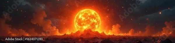 Fototapeta Fiery orb of intense heat and light explodes outwards, leaving a trail of incandescent embers Perfect for fantasy, magical, or apocalyptic themes , destructive, light