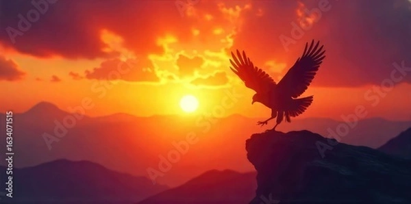 Fototapeta Silhouette of a bird soaring against a vibrant sunset, symbolizing spiritual ascension and freedom from earthly bonds A powerful image of hope and transcendence , adventure, ascension