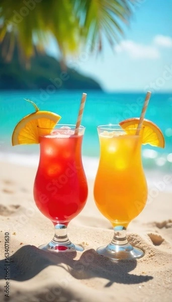 Fototapeta Relaxing beach scene with vibrant cocktails, perfect for a tropical getaway Enjoy the sun, sand, and refreshing drinks Ideal for summer vacation promotions , drinks, beach