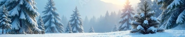 Fototapeta A picturesque winter scene featuring a snow-laden pine tree, evoking the serene beauty and crisp air of a classic pine-tree weather day Perfect for holiday or winter-themed projects , green, blue