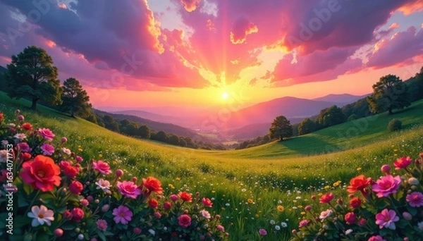 Fototapeta A vibrant sunrise paints the sky with warm hues, illuminating a peaceful landscape filled with blooming flowers and lush greenery The scene evokes a sense of serenity and joy , bloom, greenery