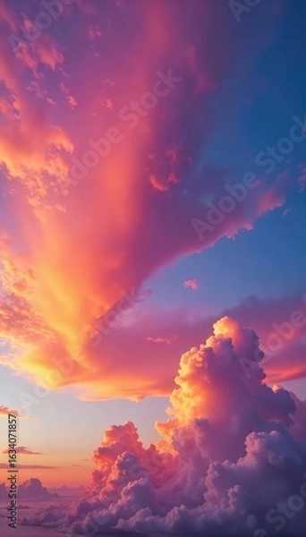 Fototapeta A breathtaking panorama of a vividly colored sunset sky, clouds painted with fiery oranges, soft pinks, and deep purples Perfect for travel, nature, and inspirational projects , celestial, phenomenal