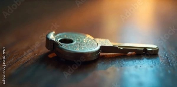 Fototapeta Close-up shot of a house key, gleaming under soft lighting, ready to be handed over to a new owner  Represents new beginnings, homeownership, and real estate transactions ,  property,  light