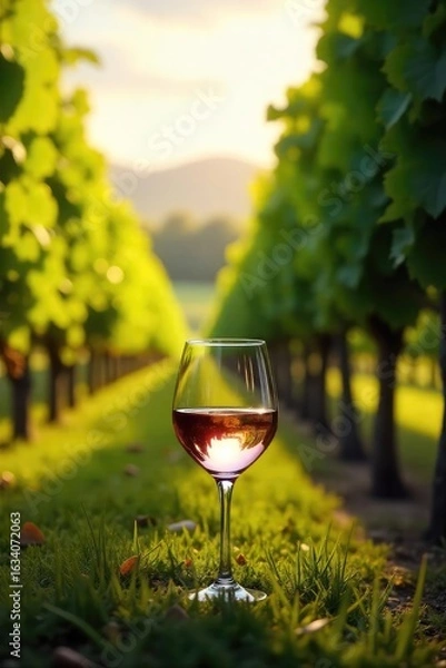 Fototapeta A single, elegant wine glass sits amongst lush green vineyard vines, bathed in warm sunlight The scene evokes a sense of tranquility and the fine art of winemaking , vineyard view, wine