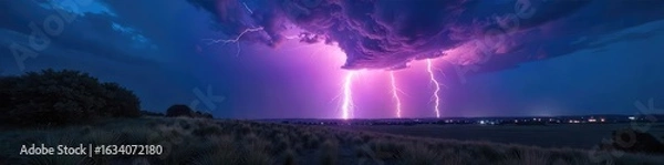 Fototapeta A majestic lightning storm illuminates a serene landscape at night, symbolizing the raw power and transformative energy of nature's spiritual force ,  landscape,  spiritual,  elemental