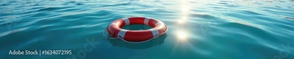 Fototapeta A solitary life preserver floats serenely on calm, blue water, symbolizing safety, hope, and survival  The sun glints off its surface, creating a peaceful, yet powerful image ,  solitude,  horizon