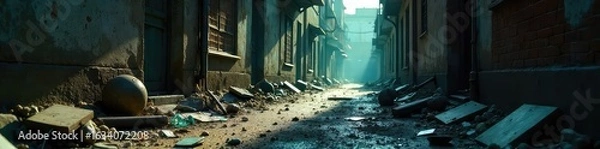 Fototapeta A shadowed, deserted alleyway littered with broken glass and discarded objects, suggesting a recent violent crime scene ,  insecurity,  graffiti,  shadows