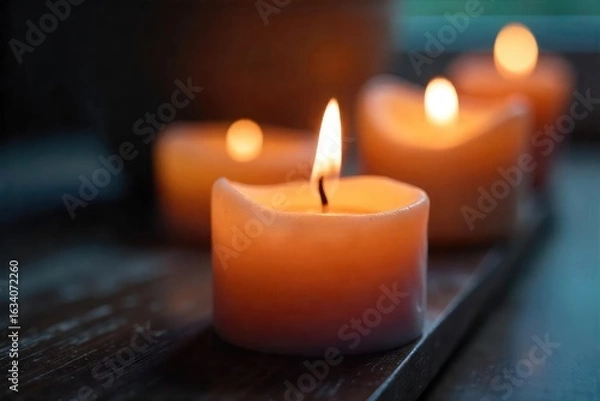 Fototapeta Close-up of flickering candlelight illuminating a softly textured candle, creating a warm and inviting ambiance  Perfect for themes of relaxation, serenity, and home comfort ,  elegant,  serene