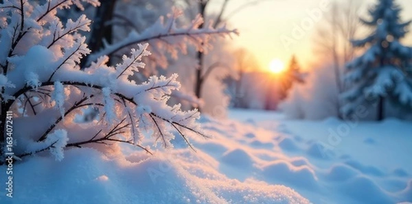 Fototapeta A frosty winter landscape, ice crystals clinging to branches, snow covering the ground, creating a serene, cold atmosphere The sun casts long shadows, emphasizing the chill , cold weather, landscape