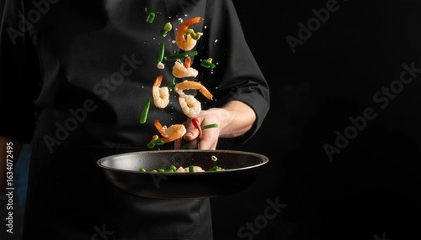 Fototapeta Chef Tossing Shrimp and Vegetables in a Frying Pan – Action Cooking Shot
