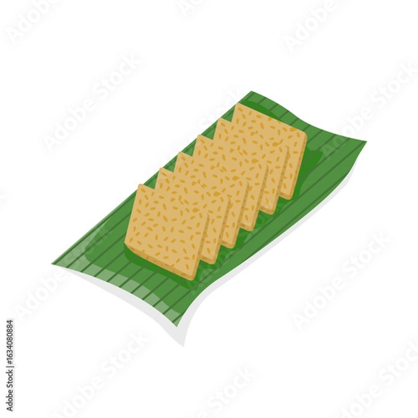 Fototapeta Illustration of fried soybean tempeh in vector design placed on banana leaf, isolated on white background.