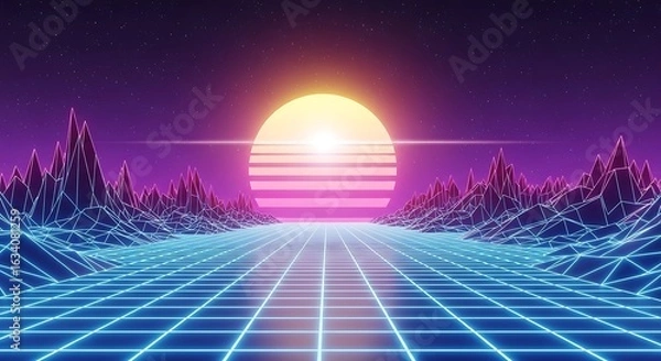 Fototapeta Retro futuristic glowing neon grid road leading to a vibrant sunset with stylized mountains isolated on transparent background
