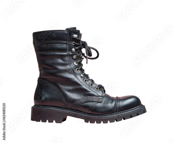 Fototapeta Side view of a black leather combat boot.  A sturdy, high-top boot with thick sole.  Lace-up design.  Durable material.  Profile shot